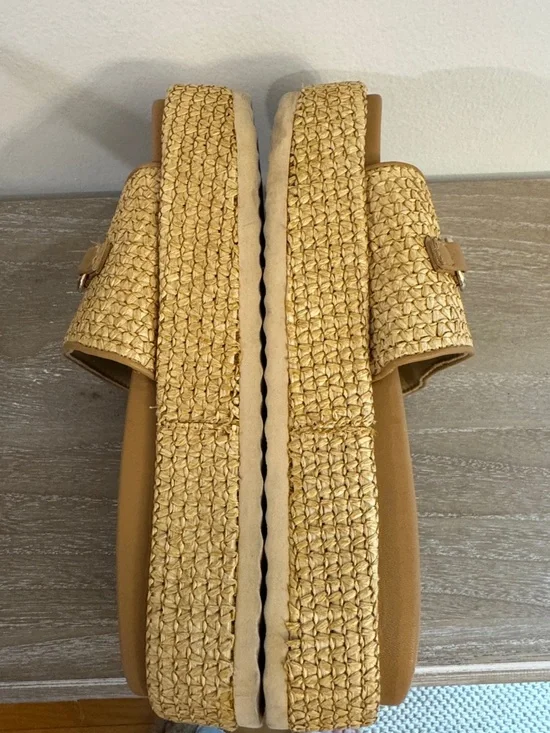 Steve Madden Tan Woven raffia Slide Mules with Gold Accent - Picture 7 of 11